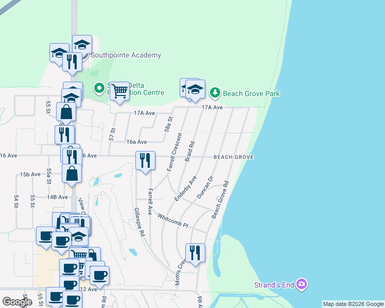 map of restaurants, bars, coffee shops, grocery stores, and more near 5963 16 Avenue in Delta