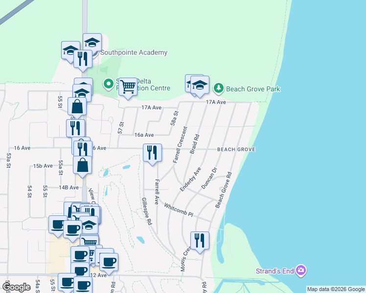 map of restaurants, bars, coffee shops, grocery stores, and more near 5915 16 Avenue in Delta