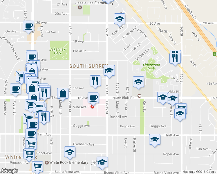 map of restaurants, bars, coffee shops, grocery stores, and more near 1656 156 Street in Surrey