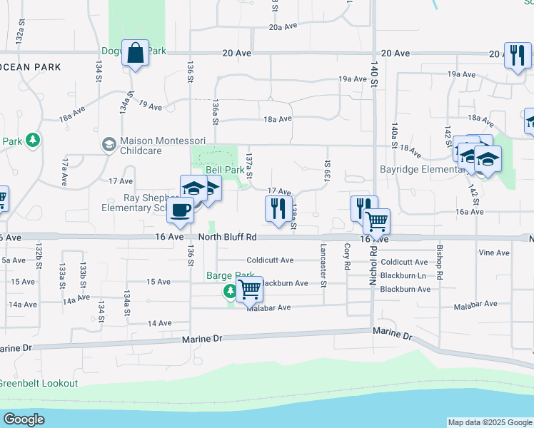 map of restaurants, bars, coffee shops, grocery stores, and more near 1655 138 Street in Surrey