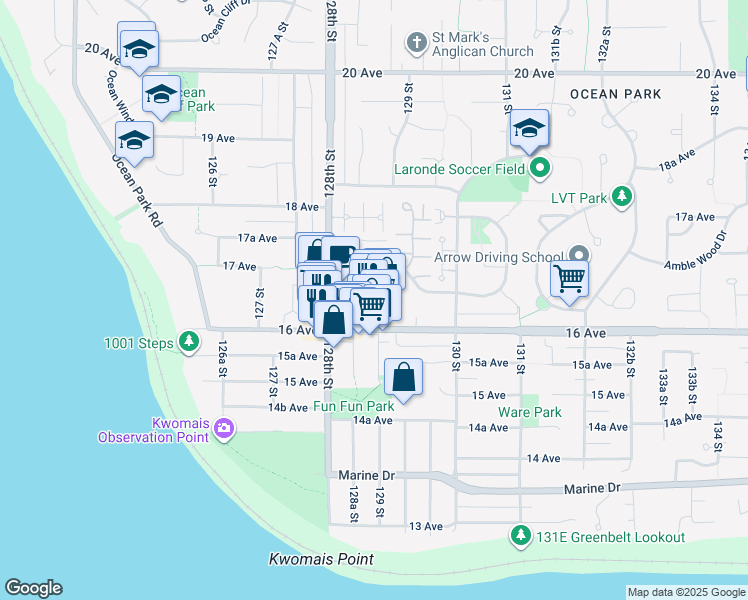 map of restaurants, bars, coffee shops, grocery stores, and more near 12867 16 Avenue in Surrey
