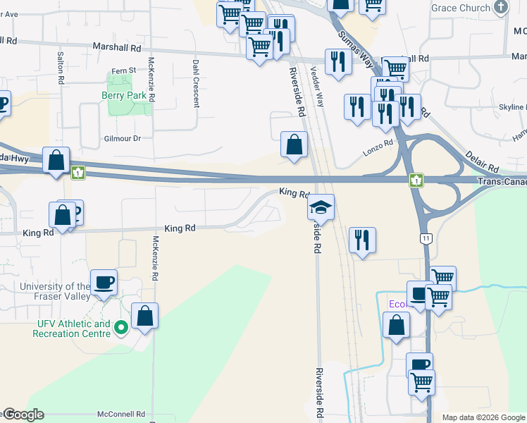 map of restaurants, bars, coffee shops, grocery stores, and more near in Abbotsford