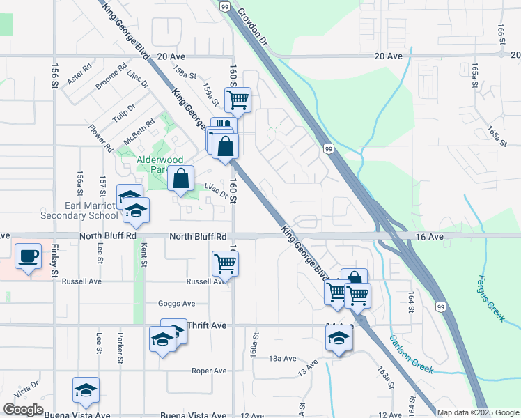 map of restaurants, bars, coffee shops, grocery stores, and more near 1670 160 Street in White Rock
