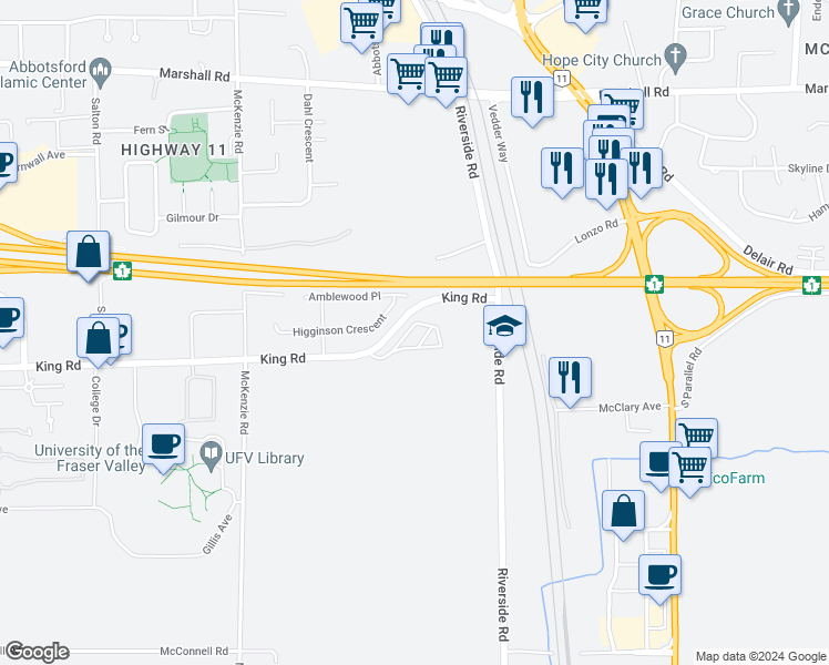 map of restaurants, bars, coffee shops, grocery stores, and more near 34248 King Road in Abbotsford