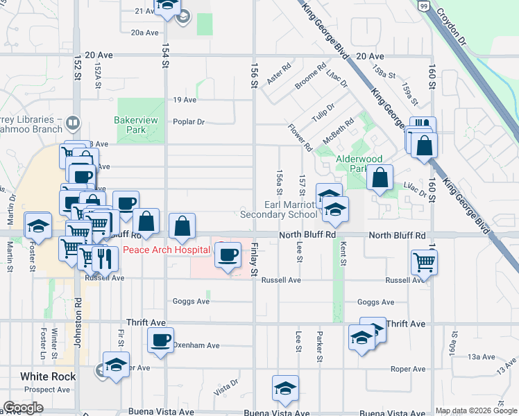 map of restaurants, bars, coffee shops, grocery stores, and more near 1656 156 Street in Surrey