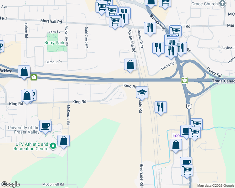 map of restaurants, bars, coffee shops, grocery stores, and more near in Abbotsford