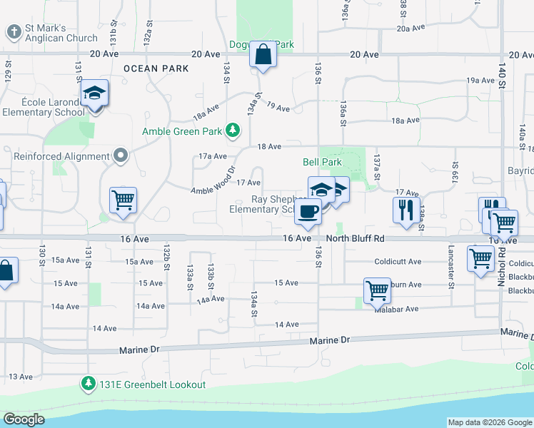 map of restaurants, bars, coffee shops, grocery stores, and more near 1648 134B Street in Surrey