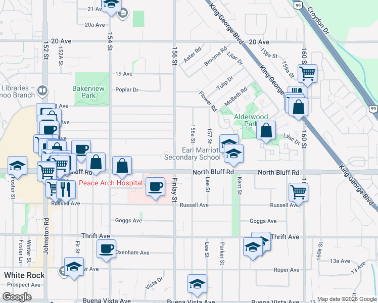 map of restaurants, bars, coffee shops, grocery stores, and more near in Surrey