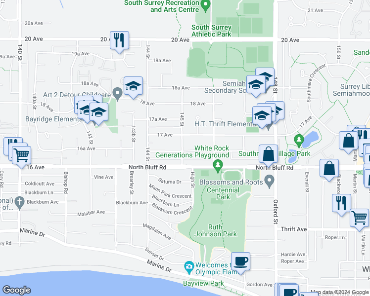 map of restaurants, bars, coffee shops, grocery stores, and more near 1660 145 Street in Surrey