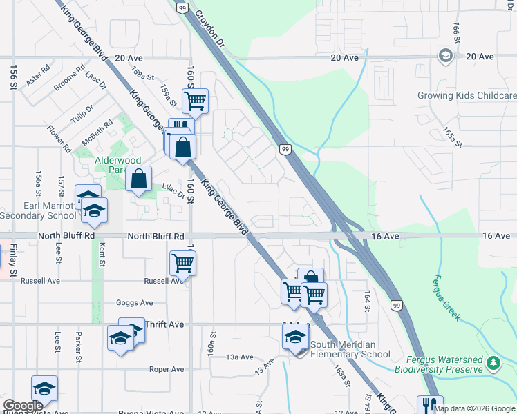 map of restaurants, bars, coffee shops, grocery stores, and more near 16158 16A Avenue in Surrey