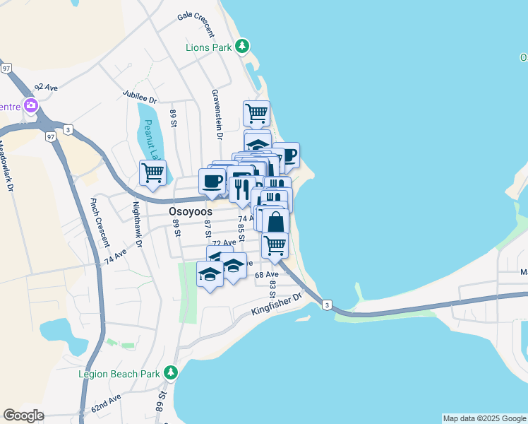 map of restaurants, bars, coffee shops, grocery stores, and more near 15 Park Place in Osoyoos