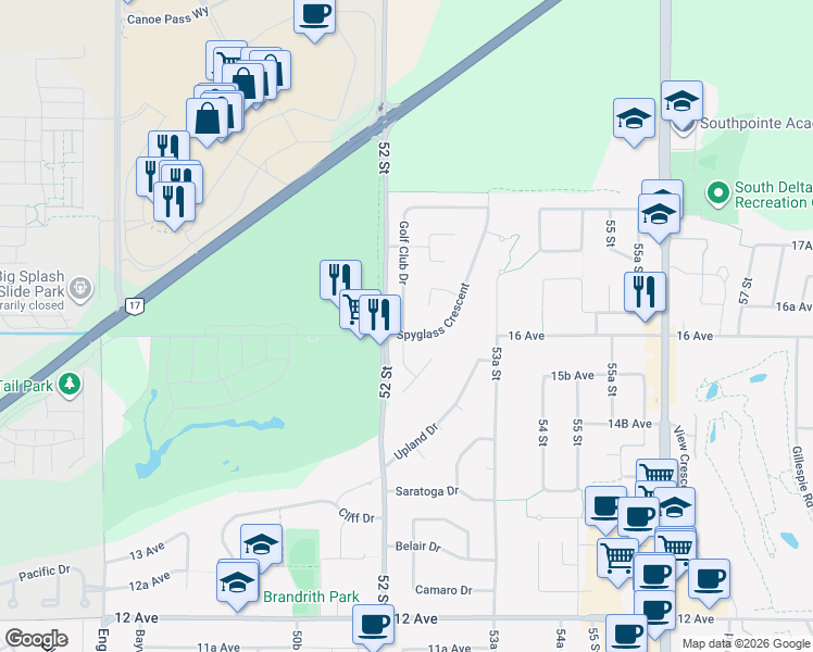 map of restaurants, bars, coffee shops, grocery stores, and more near 1575 Spyglass Crescent in Delta