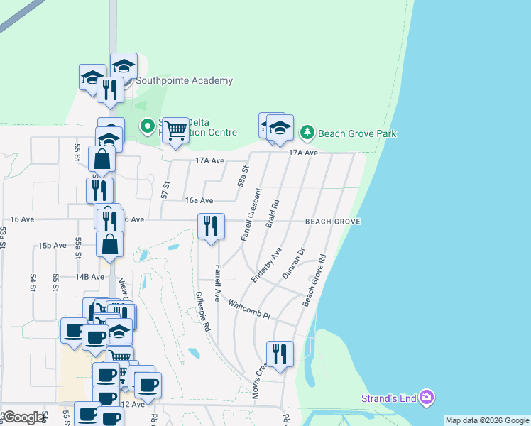 map of restaurants, bars, coffee shops, grocery stores, and more near 5915 16 Avenue in Delta