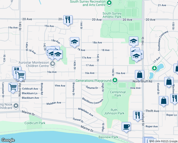 map of restaurants, bars, coffee shops, grocery stores, and more near 14445 16A Avenue in Surrey