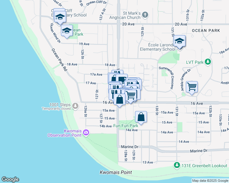 map of restaurants, bars, coffee shops, grocery stores, and more near 1655 128th Street in Surrey