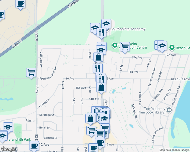 map of restaurants, bars, coffee shops, grocery stores, and more near 5521 16 Avenue in Delta