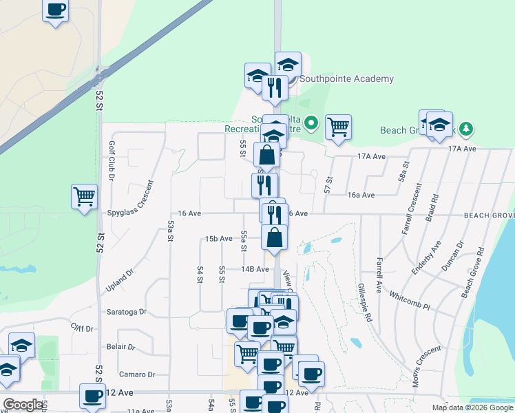 map of restaurants, bars, coffee shops, grocery stores, and more near 5553 16 Avenue in Delta
