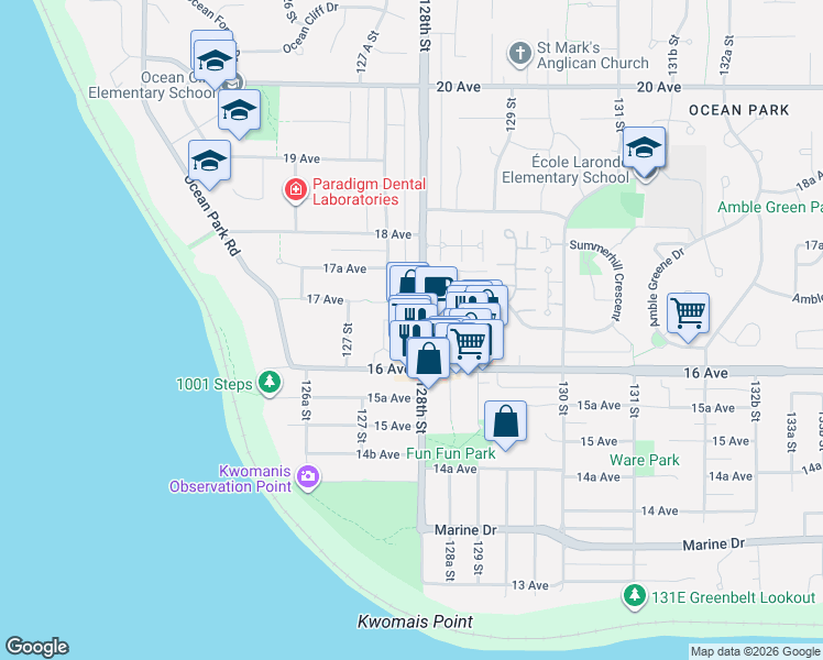 map of restaurants, bars, coffee shops, grocery stores, and more near 1655 128th Street in Surrey