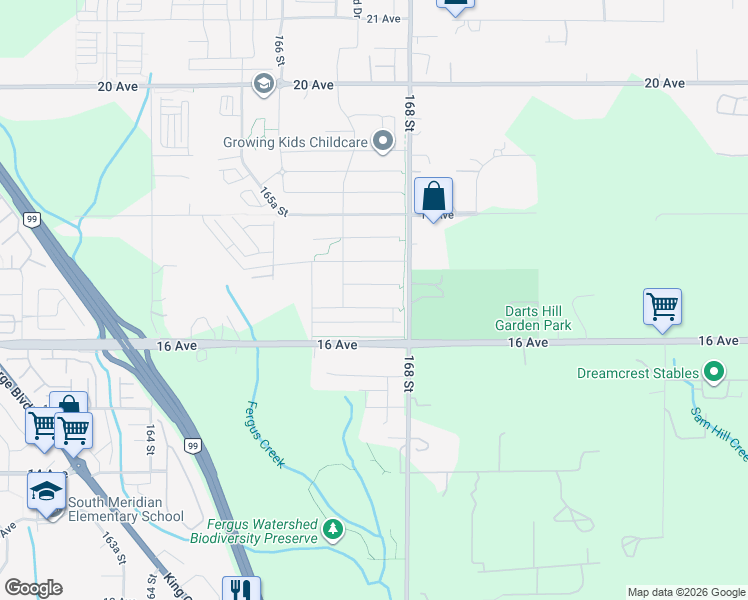 map of restaurants, bars, coffee shops, grocery stores, and more near 16755 16a Avenue in Surrey
