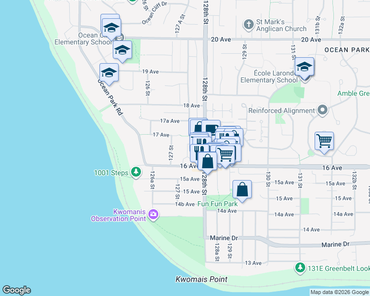 map of restaurants, bars, coffee shops, grocery stores, and more near 12745 16 Avenue in Surrey