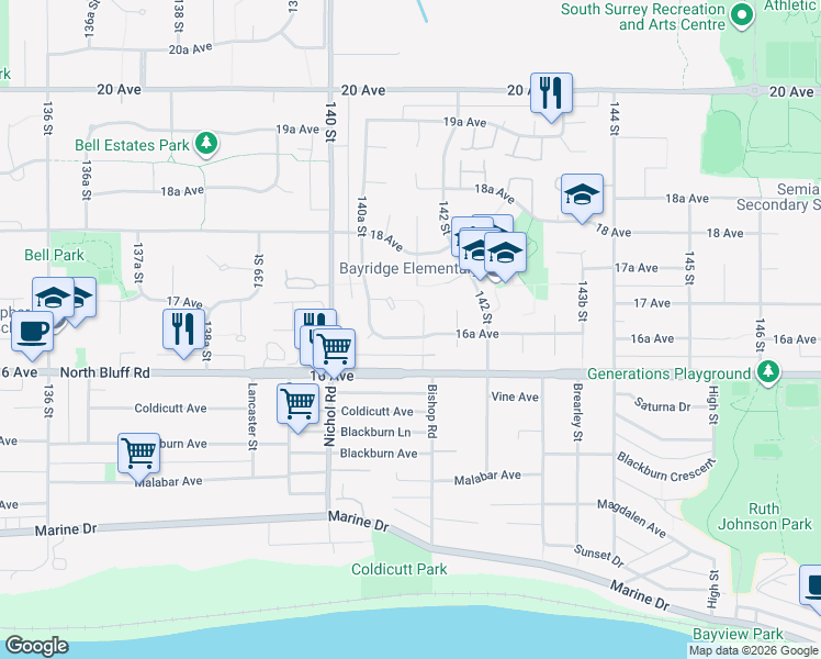 map of restaurants, bars, coffee shops, grocery stores, and more near 14129 16A Avenue in Surrey