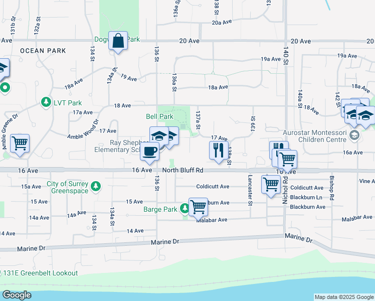 map of restaurants, bars, coffee shops, grocery stores, and more near 1667 137 Street in Surrey