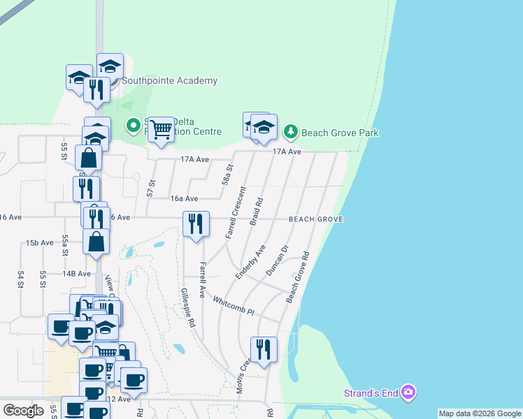 map of restaurants, bars, coffee shops, grocery stores, and more near 5963 16 Avenue in Delta