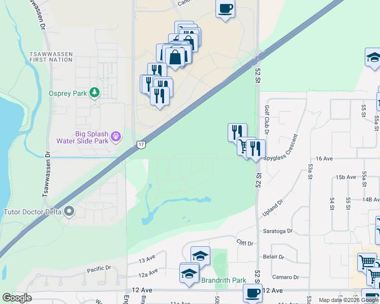 map of restaurants, bars, coffee shops, grocery stores, and more near 5011 Springs Boulevard in Delta