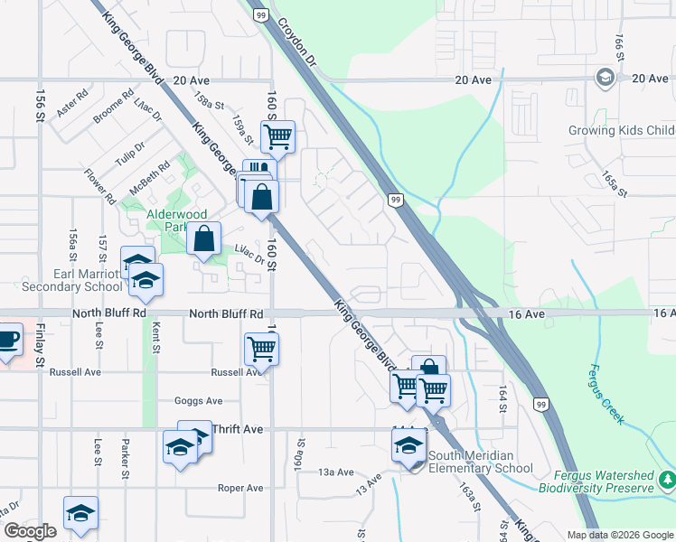 map of restaurants, bars, coffee shops, grocery stores, and more near 16115 16A Avenue in Surrey