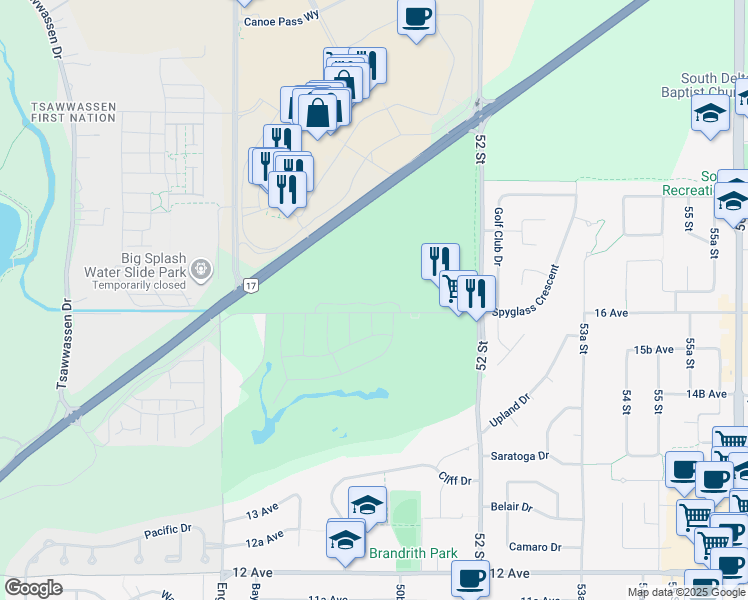 map of restaurants, bars, coffee shops, grocery stores, and more near 5055 Springs Boulevard in Delta