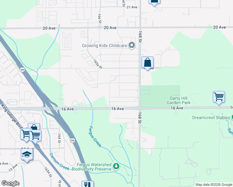 map of restaurants, bars, coffee shops, grocery stores, and more near 1675 167 Street in Surrey