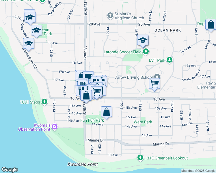map of restaurants, bars, coffee shops, grocery stores, and more near 12928 17 Avenue in Surrey