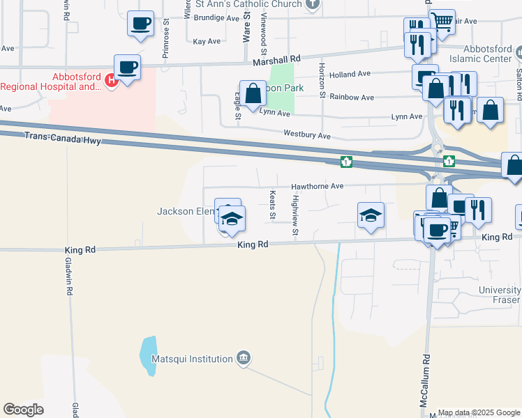 map of restaurants, bars, coffee shops, grocery stores, and more near 33232 Keats Court in Abbotsford