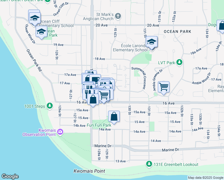 map of restaurants, bars, coffee shops, grocery stores, and more near 12916 17 Avenue in Surrey
