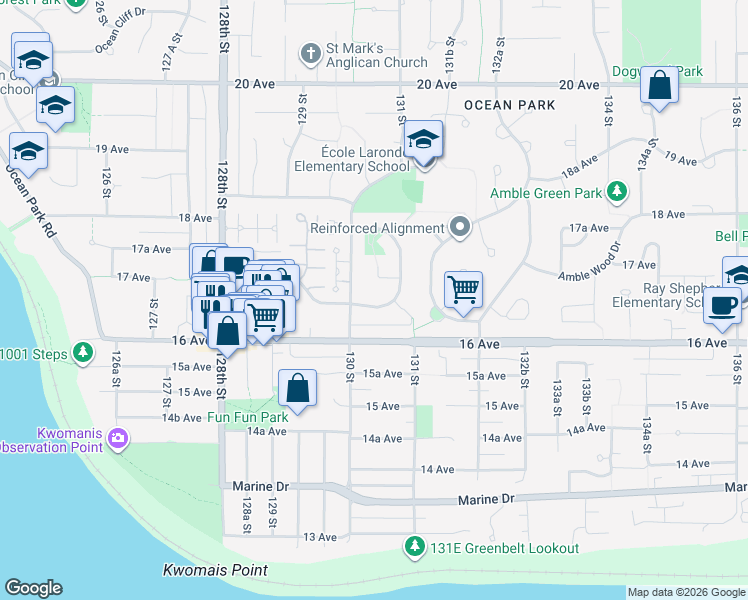 map of restaurants, bars, coffee shops, grocery stores, and more near 13015 Summerhill Crescent in Surrey