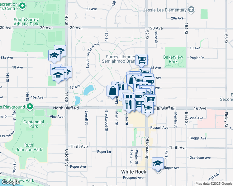 map of restaurants, bars, coffee shops, grocery stores, and more near 1676 Martin Drive in White Rock