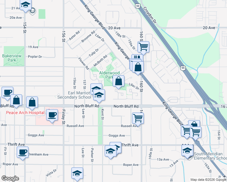 map of restaurants, bars, coffee shops, grocery stores, and more near 15829 Alder Place in Surrey