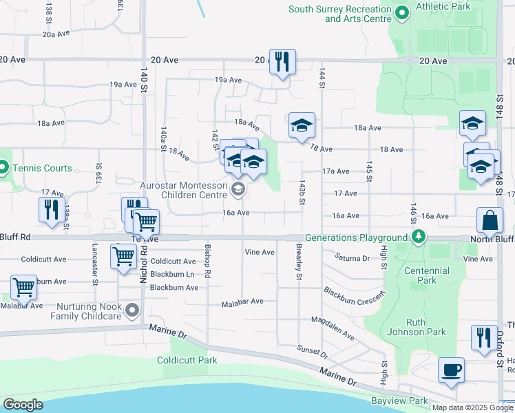 map of restaurants, bars, coffee shops, grocery stores, and more near 14263 16A Avenue in Surrey