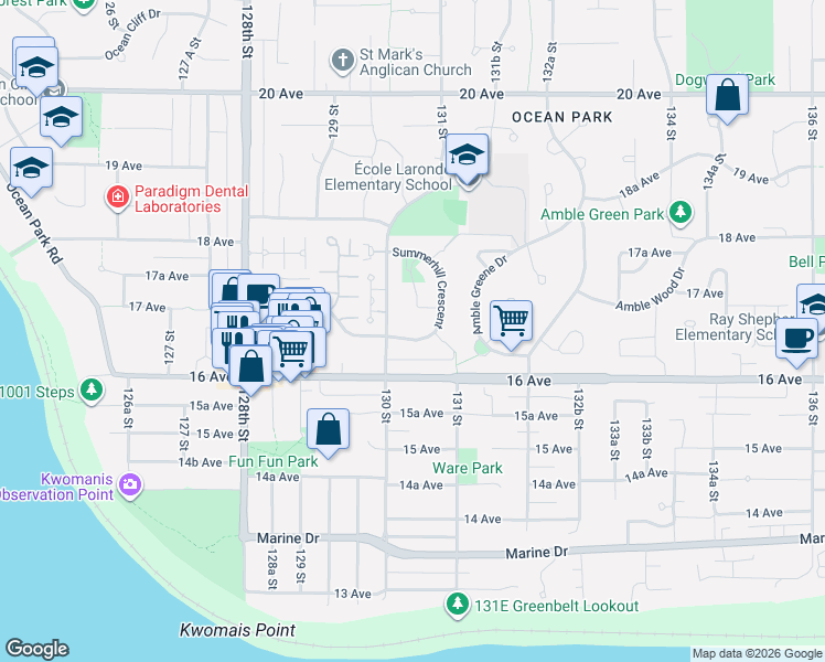 map of restaurants, bars, coffee shops, grocery stores, and more near 13015 Summerhill Crescent in Surrey