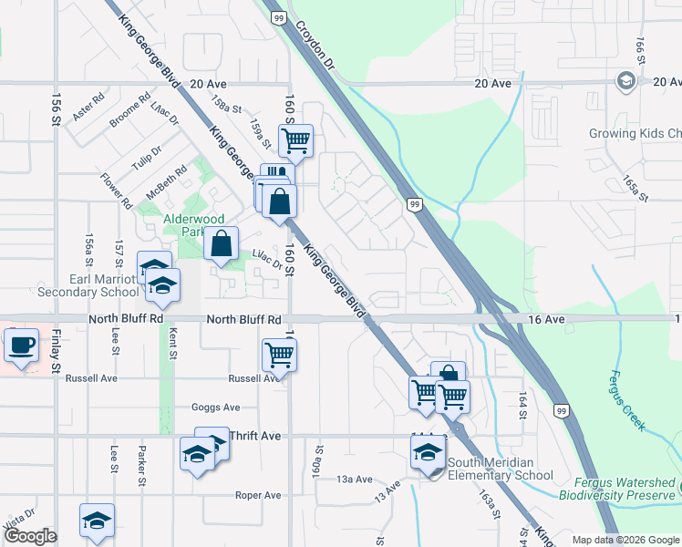 map of restaurants, bars, coffee shops, grocery stores, and more near 1664 King George Boulevard in Surrey