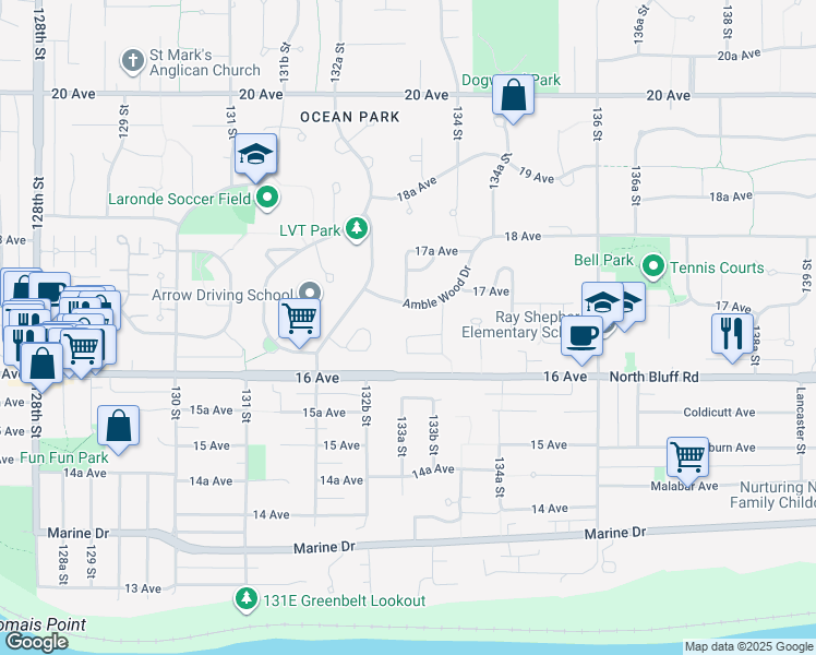 map of restaurants, bars, coffee shops, grocery stores, and more near 1639 133A Street in Surrey