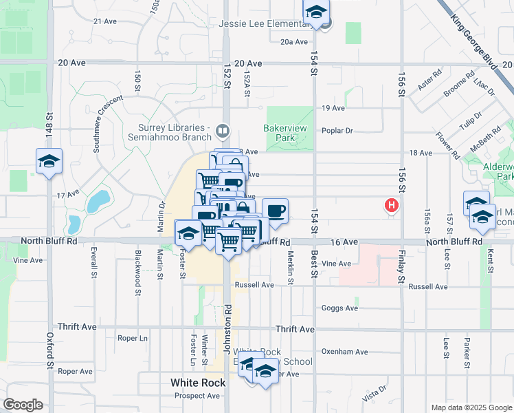 map of restaurants, bars, coffee shops, grocery stores, and more near 15270 17 Avenue in Surrey