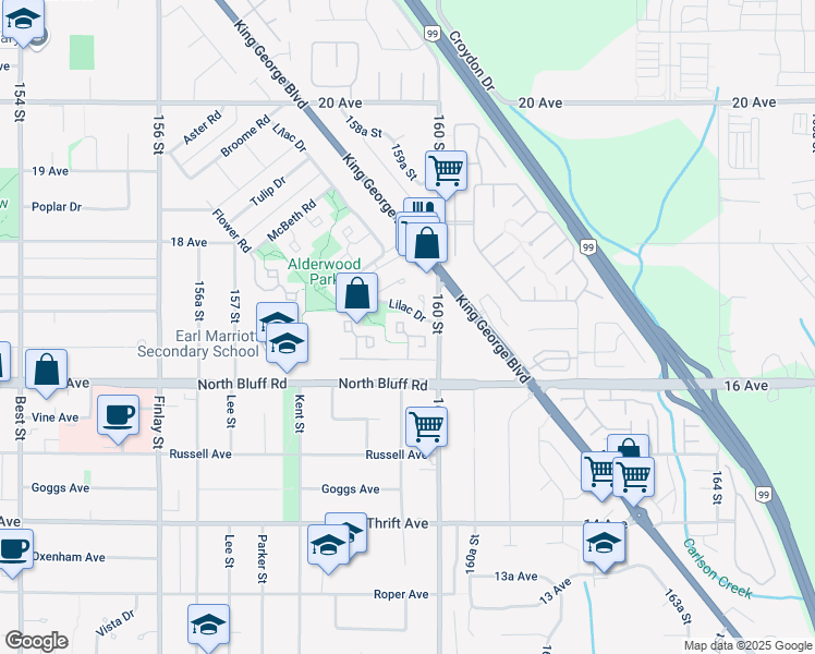 map of restaurants, bars, coffee shops, grocery stores, and more near 15945 Alder Place in Surrey