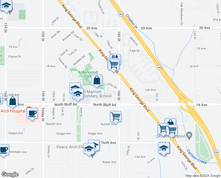 map of restaurants, bars, coffee shops, grocery stores, and more near 15945 Alder Place in Surrey