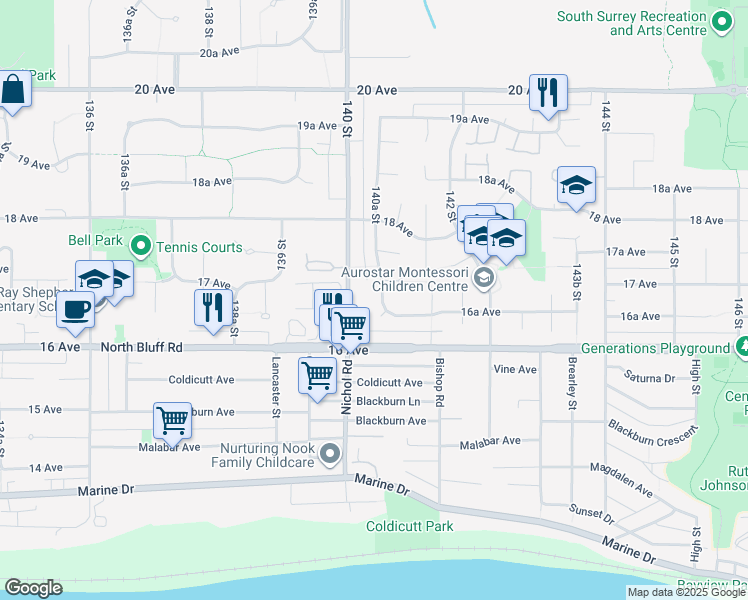 map of restaurants, bars, coffee shops, grocery stores, and more near 1675 140A Street in Surrey
