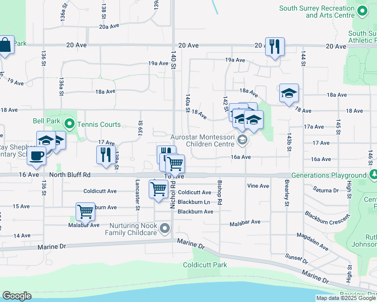 map of restaurants, bars, coffee shops, grocery stores, and more near 1675 140A Street in Surrey