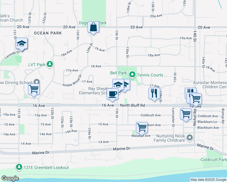 map of restaurants, bars, coffee shops, grocery stores, and more near 1675 136 Street in Surrey