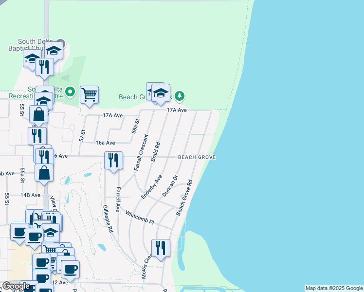 map of restaurants, bars, coffee shops, grocery stores, and more near 1637 Duncan Drive in Delta