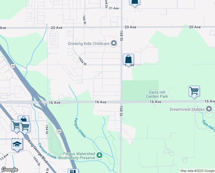 map of restaurants, bars, coffee shops, grocery stores, and more near 16722 17 Avenue in Surrey