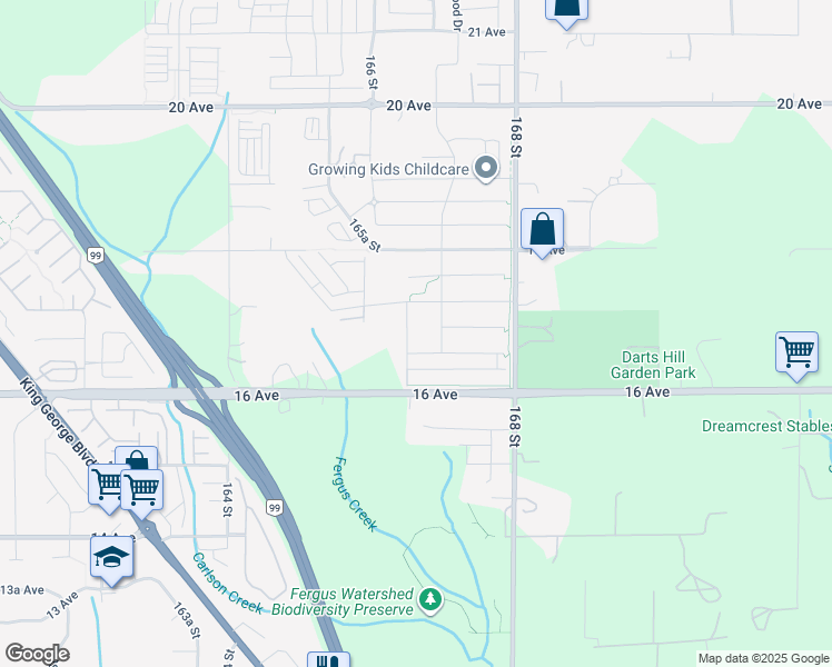 map of restaurants, bars, coffee shops, grocery stores, and more near 1682 166A Street in Surrey